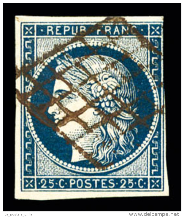 O N&deg;4, 25c Bleu Fonc&eacute;, Filet Effleur&eacute; Mais Intact, Obl GRILLE ROUGE, RARETE, SUP (sign&eacute;... - 1849-1850 Cérès