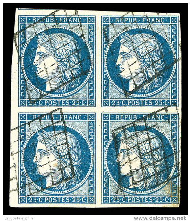 O N&deg;4, 25c Bleu En Bloc De Quatre, Oblit&eacute;ration Grille L&eacute;g&egrave;re, Pi&egrave;ce Rare Et... - 1849-1850 Ceres