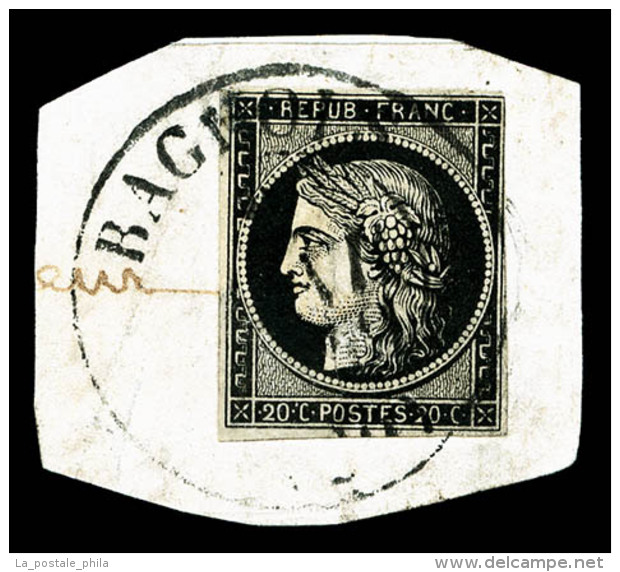 O N&deg;3, 20c Noir Oblit&eacute;ration Cachet &agrave; Date Type 13 (Janvier) De Bagnols Sur Petit Fragment, TB Et... - 1849-1850 Cérès