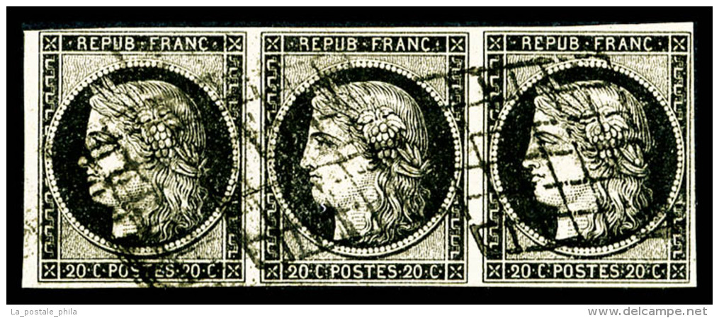 O N&deg;3, 20c Noir Sur Jaune, Bande De 3 Horizontale, Infime Froissure, TB (sign&eacute; Calves)   Cote: 380 Euros... - 1849-1850 Cérès