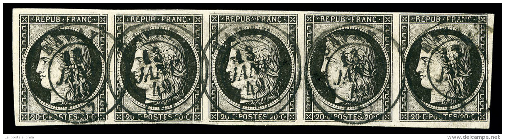 O N&deg;3, 20c Noir, Bande De Cinq, Oblit&eacute;ration Cachet &agrave; Date Type 15 De BAVAY Du 13 Janvier 1849,... - 1849-1850 Ceres