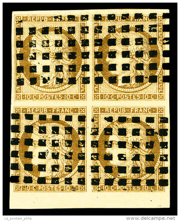 O N&deg;1, 10c Bistre-jaune En Bloc De Quatre Bord De Feuille, Oblit&eacute;ration Gros Points Carr&eacute;s,... - 1849-1850 Cérès