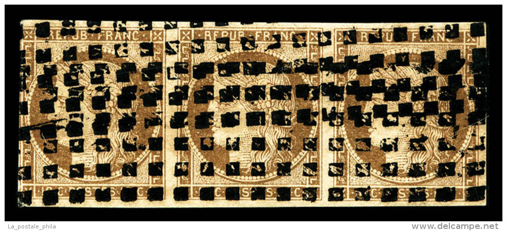 O N&deg;1, 10c Bistre En Bande De Trois Horizontale, Oblit&eacute;ration Gros Points, TB (sign&eacute;/certificat) ... - 1849-1850 Ceres