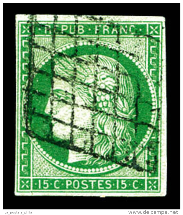O N&deg;2, 15c Vert Obl Grille L&eacute;g&egrave;re. TTB (sign&eacute; Scheller/certificat)   Cote: 1000 Euros  ... - 1849-1850 Ceres