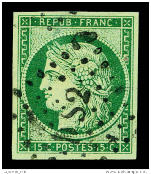 O N&deg;2, 15c Vert Obl 'DS2'. TTB (sign&eacute; Scheller/certificat)   Cote: 1000 Euros   Qualit&eacute;: O - 1849-1850 Ceres