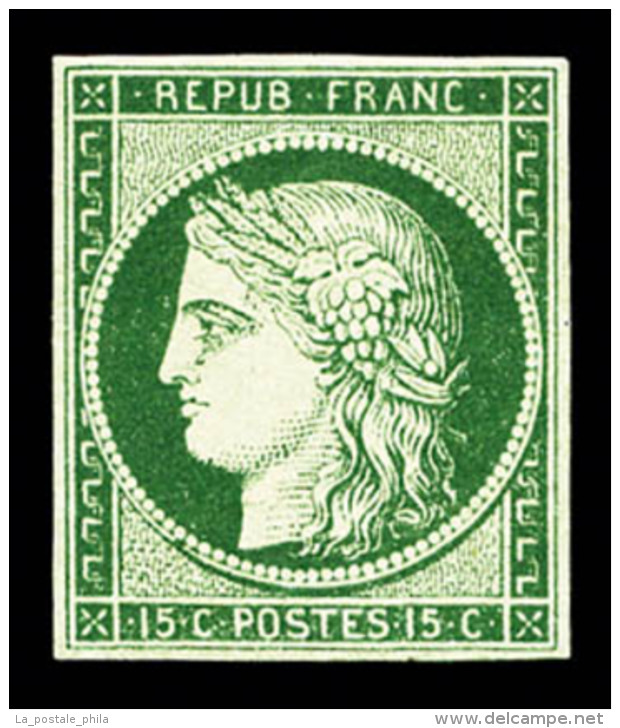 (*) N&deg;2b, 15c Vert-fonc&eacute;, Quatre Belles Marges Et Tr&egrave;s Jolie Couleur, R.R.R (sign&eacute;... - 1849-1850 Cérès