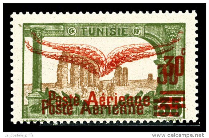 * Tunisie: N&deg;1a, 30c Sur 35 Vert-olive Et Brun, Double Surcharge, TTB   Cote: 200 Euros   Qualit&eacute;: * - Airmail