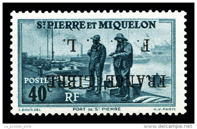 ** Saint Pierre Et Miquelon: N&deg;255A, 40c Bleu-gris, SURCHARGE F.N.F.L RENVERSEE, Fra&icirc;cheur Postale, RARE... - Unused Stamps