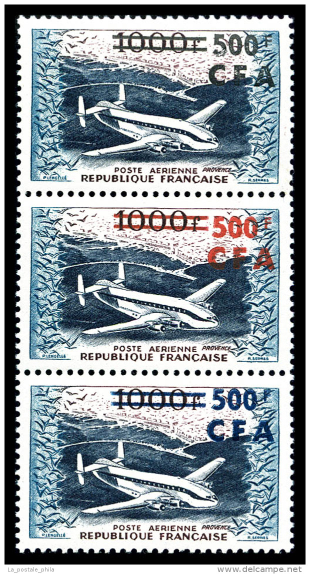 ** R&eacute;union: N&deg;55, 500F Sur 1000F Provence, 3 Essais De Surcharge (noir, Rouge Et Bleu) Se Tenant, R.R.... - Airmail