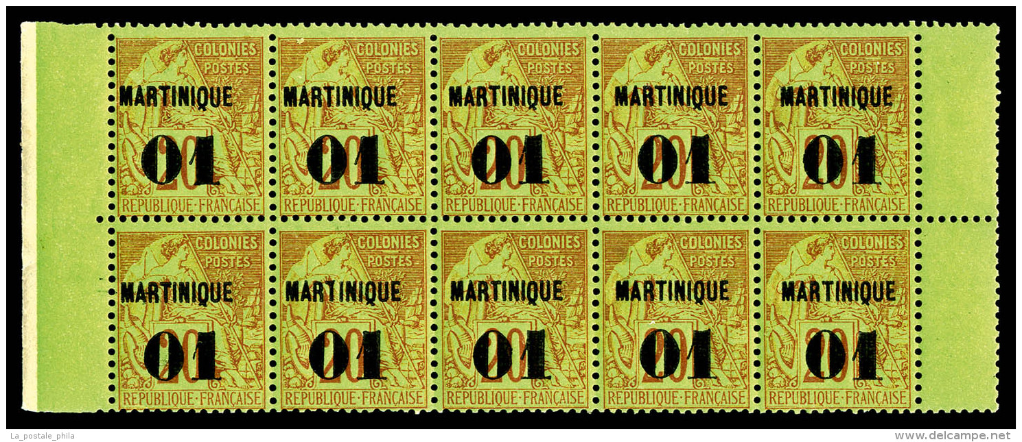 ** Martinique: N&deg;3, (Cote Maury), 01 Sur 20c Brique Sur Vert En Bloc De 10, Fra&icirc;cheur Postale, SUP... - Unused Stamps