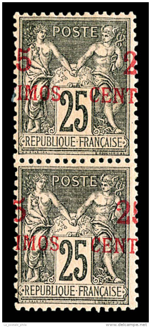 * Maroc Bureaux Fran&ccedil;ais: N&deg;5, 25c Sur 25c Noir Sur Rose, Surcharge &agrave; Cheval Sur Paire Verticale.... - Unused Stamps