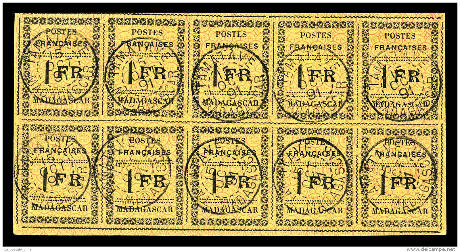 O Madagascar: N&deg;12a, 1Fr Noir Sur Jaune En Feuillet De 10 Exemplaires Obl C&agrave;d Tamatave 15.10.91.... - Used Stamps