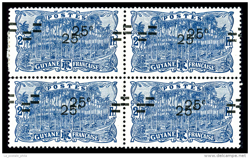 ** Guyane: N&deg;98a, 25c Sur 2f Bleu, Double Surcharge Sur Bloc De Quatre (1ex*), R.R. SUP... - Unused Stamps
