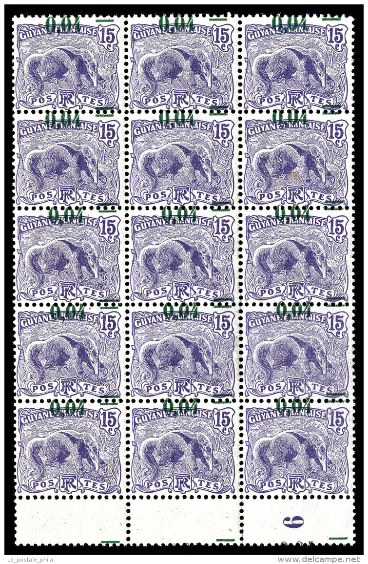 ** Guyane: N&deg;93, 4c Sur 15c Violet, Surcharge D&eacute;cal&eacute;e Sur Bloc De Quinze Dont 3 Exemplaires Sans... - Unused Stamps