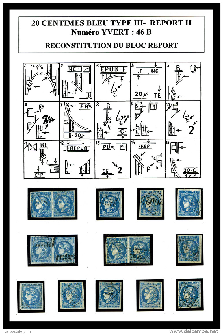 O N&deg;46B, 20c Bordeaux Type 3 Report II: Bloc Report De 15 Exemplaires Reconstitu&eacute; Dont 3 Paires Et... - 1870 Bordeaux Printing