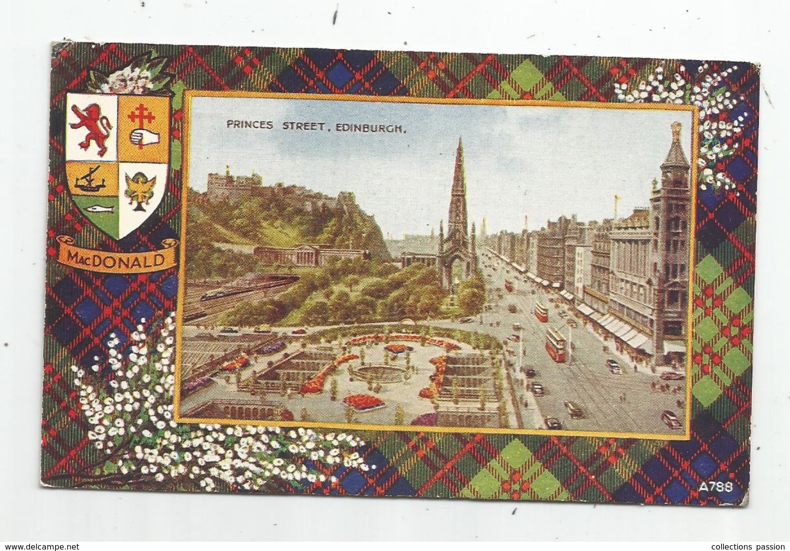 Cp , ECOSSE , EDINBURGH , PRINCES STREET , Blason MacDonald , Voyagée 1951 , Ed : Art Colour - Valentine - Midlothian/ Edinburgh