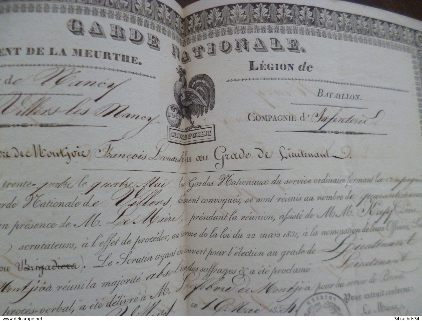 Nomination 16/05/1834 Lieutenant Lefebre De Mont-Joie Villers Les Nancy Cie D'Infanterie De La Garde Nationale Autaograp - Dokumente