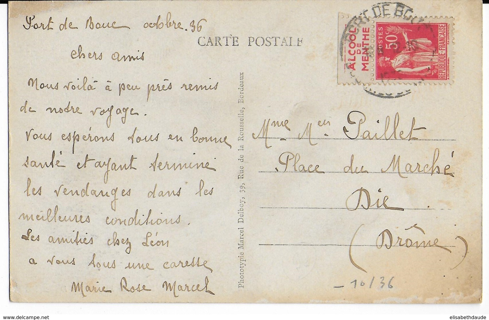 TYPE PAIX ISSU De CARNET - 1936 - PUB "ALCOOL DE MENTHE" Sur CARTE De PORT DE BOUC - Brieven En Documenten