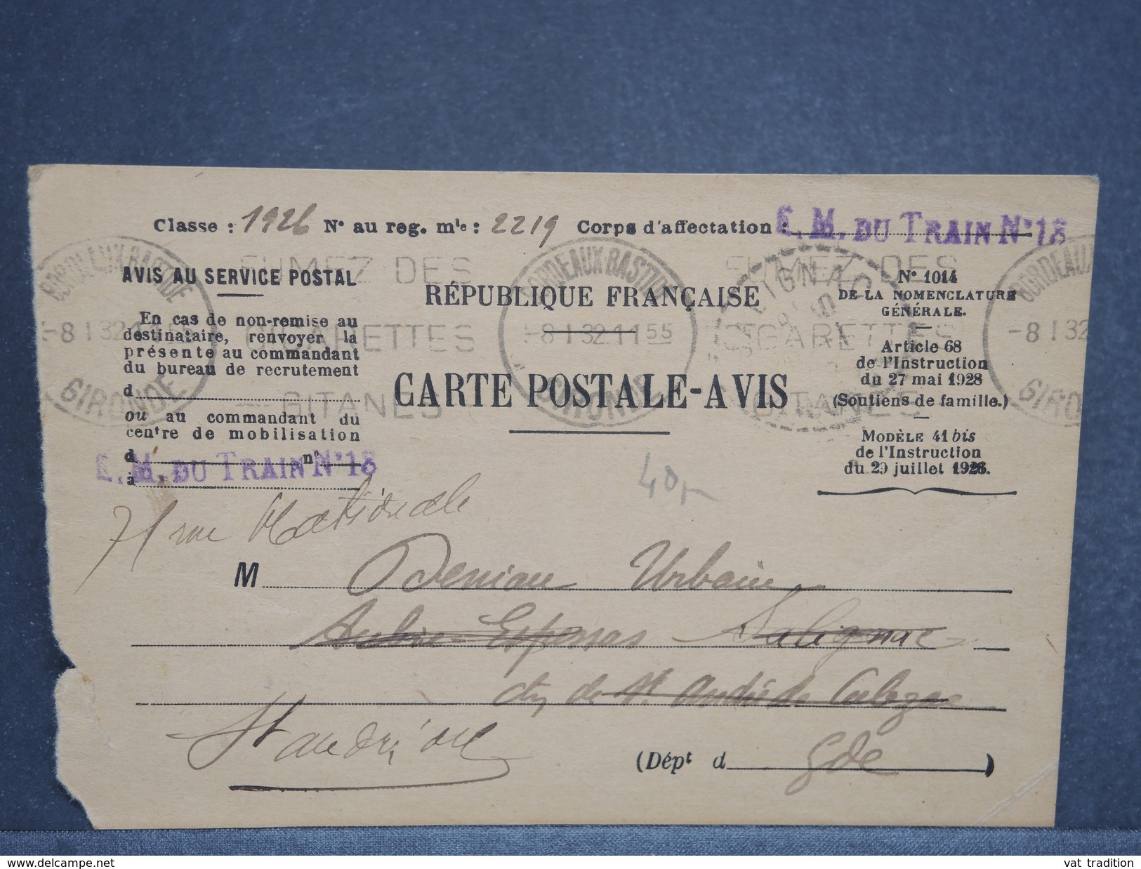 FRANCE - Carte En FM De Bordeaux En 1932 De Convocation De Période D 'instruction - L 6432 - Lettres & Documents