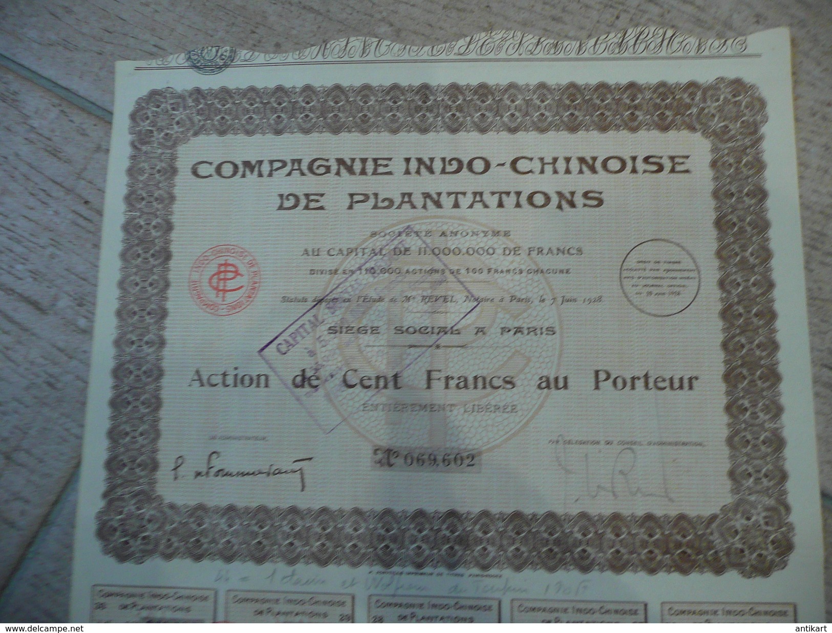 Compagnie Indo-chinoise De Plantations Action De 500 F Au Porteur Tous Coupons 1928 - Agriculture