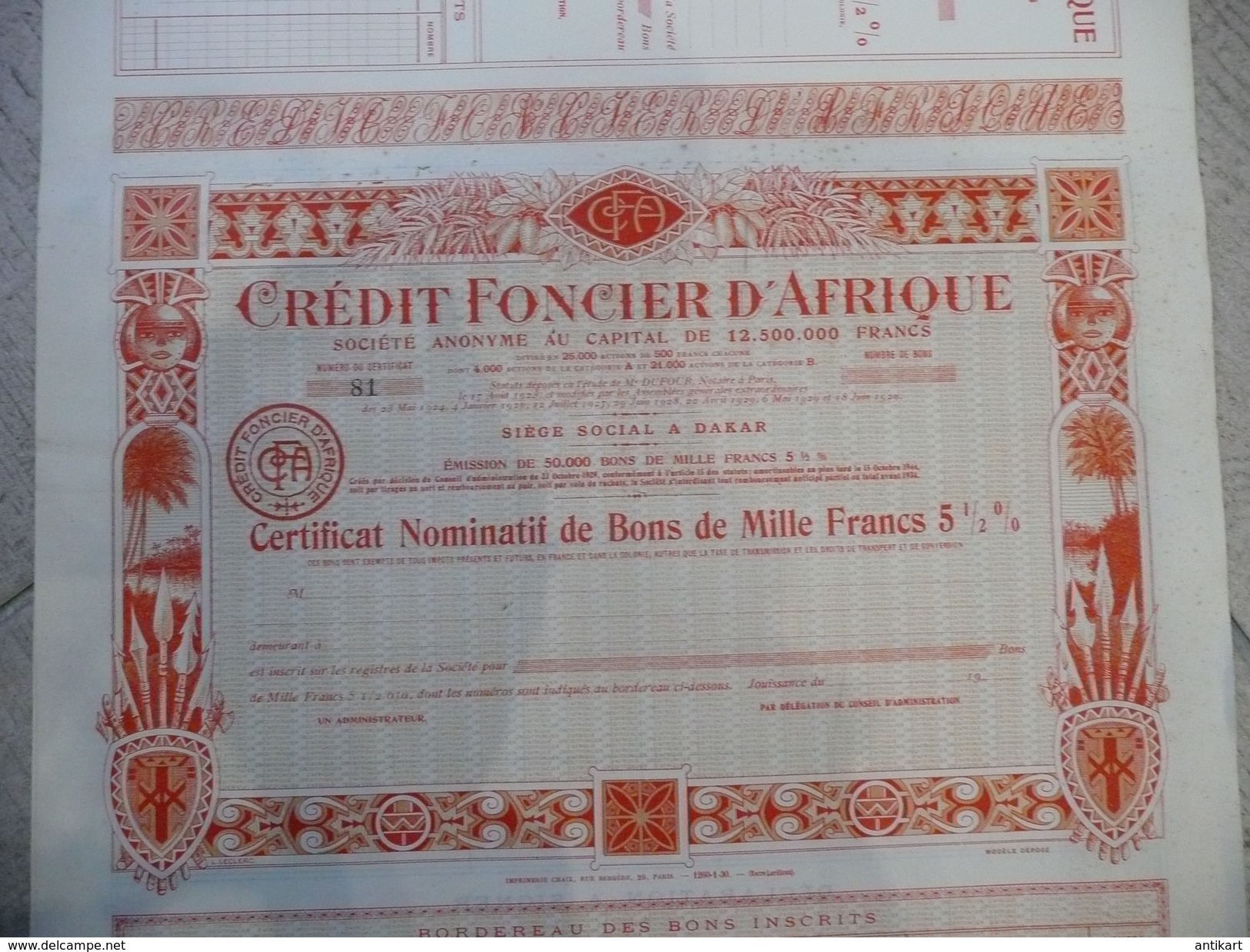 DAKAR - Crédit Foncier D'Afrique Certificat Nominatif De Bons De 1000 F 5,5%  1929 - Avec TALON - Afrique