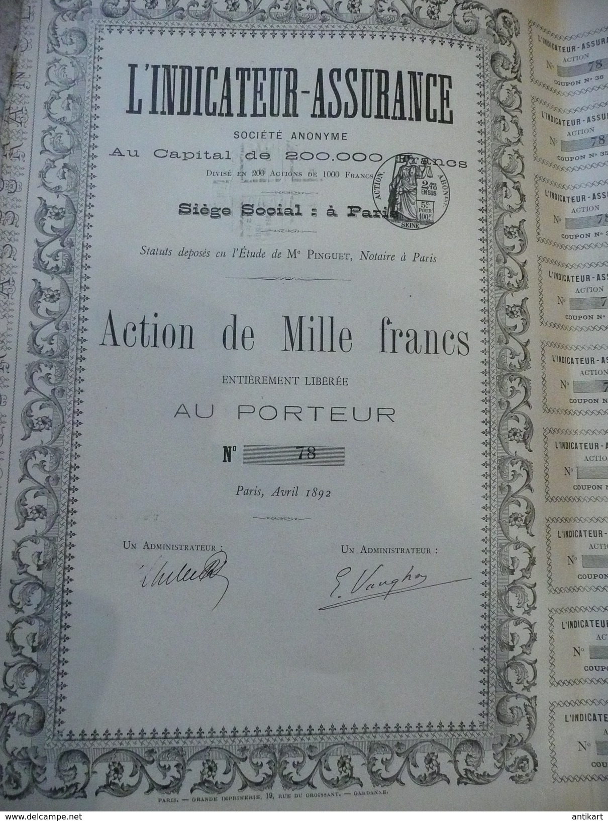 RARE - L'indicateur Assurance,  Action De Mille Francs Tous Coupons 1892 - Banque & Assurance