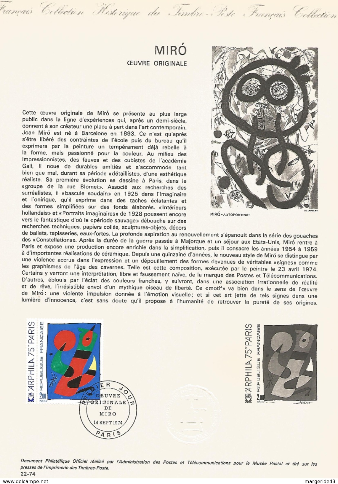 DOCUMENT 1974 OEUVRE DE MIRO - Documents De La Poste