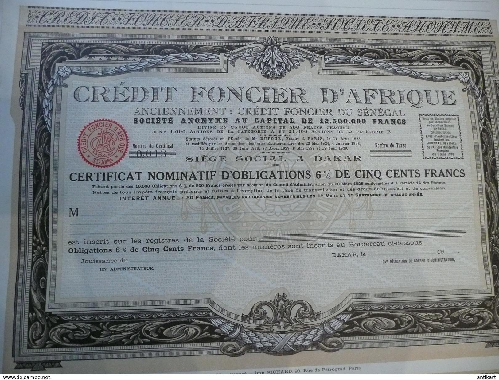 DAKAR - Crédit Foncier D'Afrique Certificat Nominatif D'obligations De 500 F 6,5%  1929 - Avec TALON - Afrique