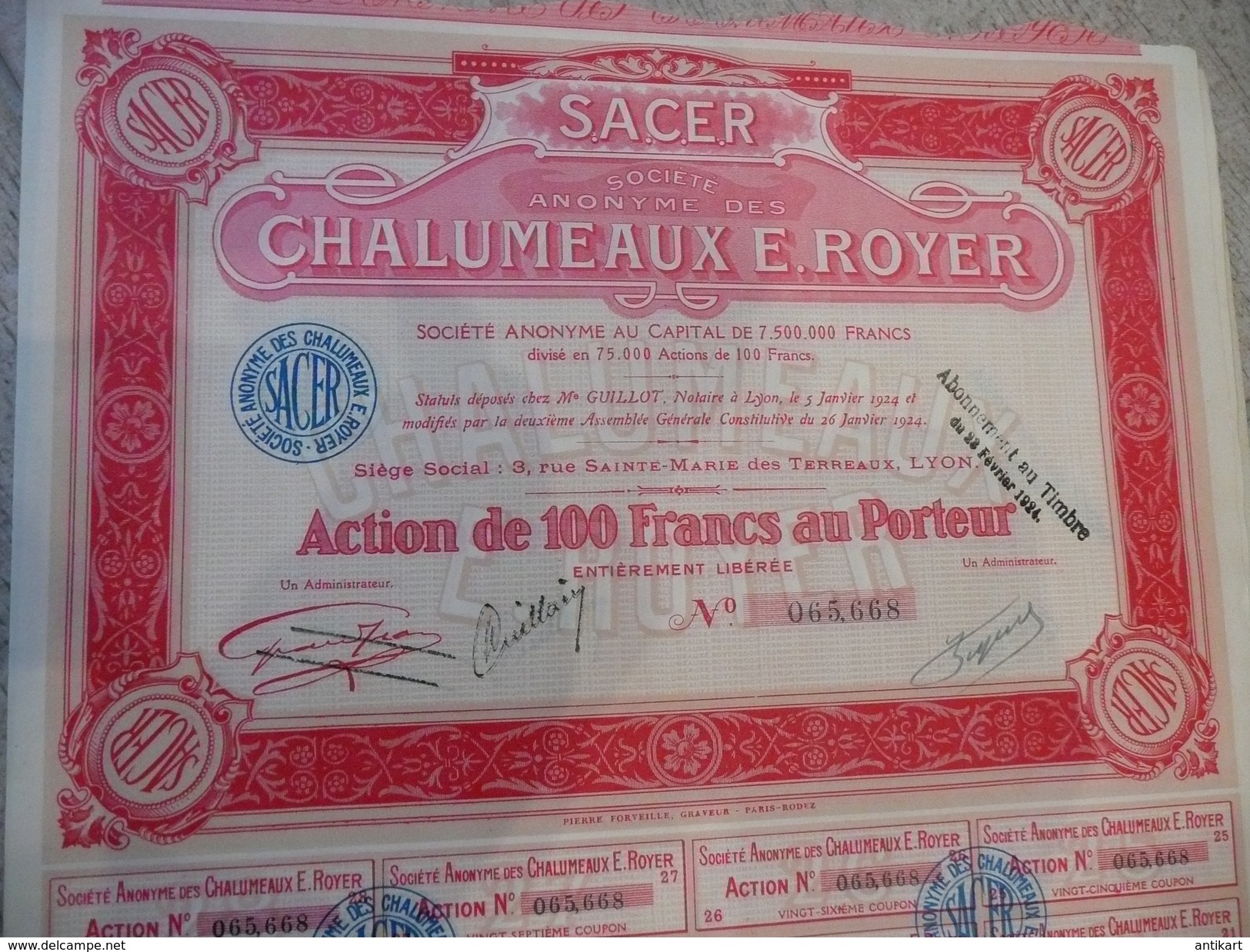 Action De La Société Anonyme Des Chalumeaux E.ROYER,tous CouponsLYON 1924 - Electricité & Gaz