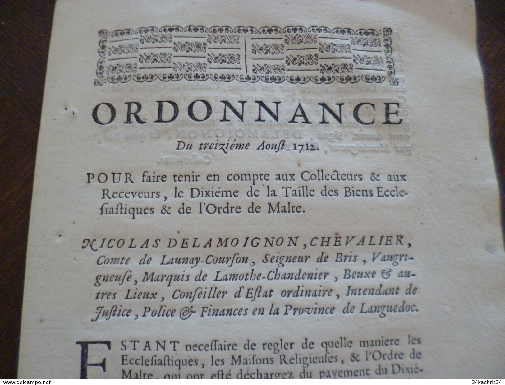 Ordonnance  13/08/1712 Dixème De Taille Biens Ecclésiastiques Et Ordre De Malte En L'état - Décrets & Lois