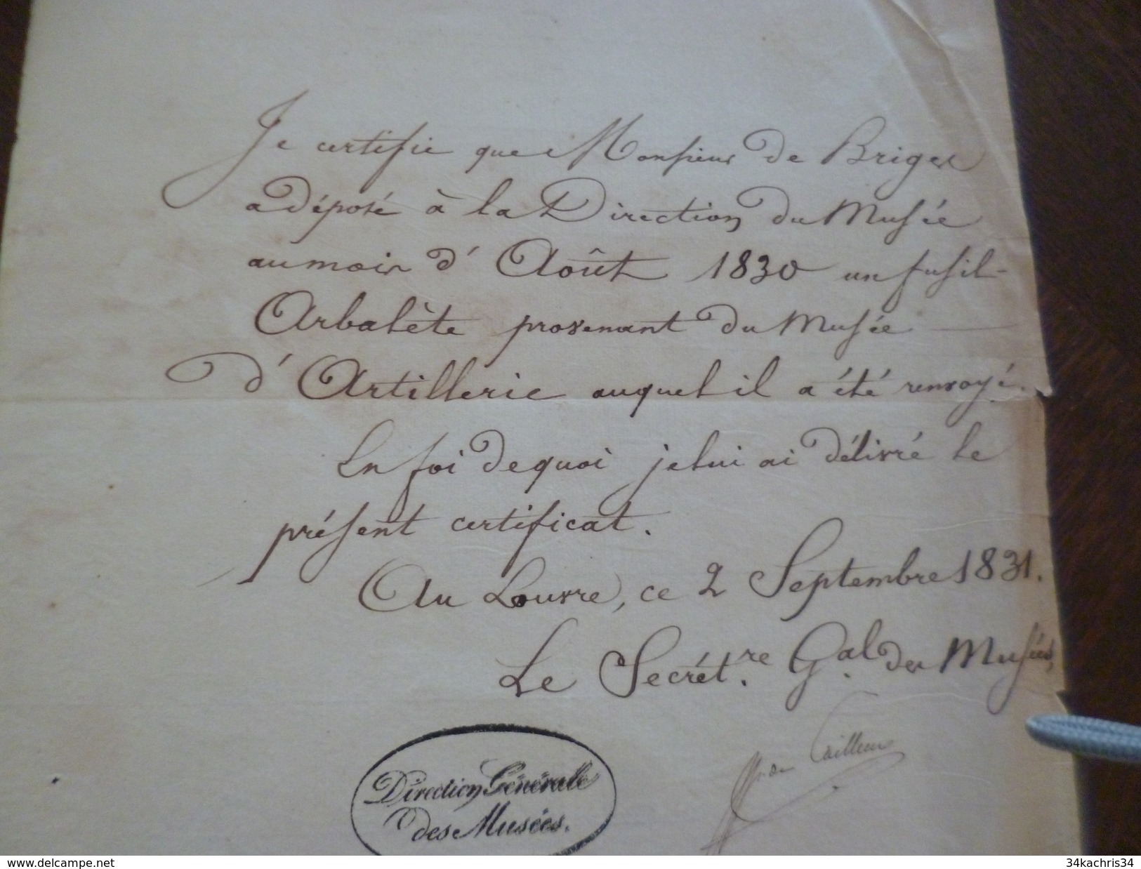 Musées Royaux 2/09/1831 Certification De Remise D'arme Arbalète Mr DE BRIGER - Documents Historiques