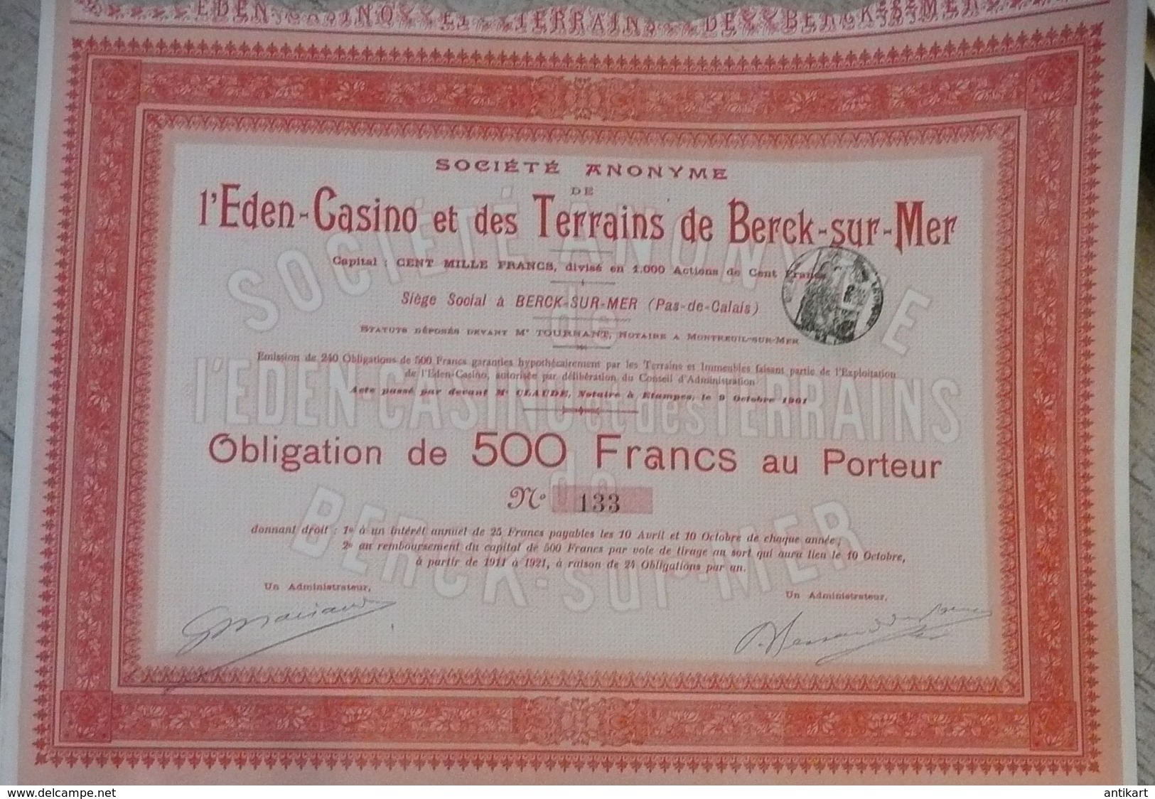 Société Anonyme De L'éden Casino Et Des Terrains De Berck-sur-mer Obligation De 500 F Au Porteur 1921 - Casinos