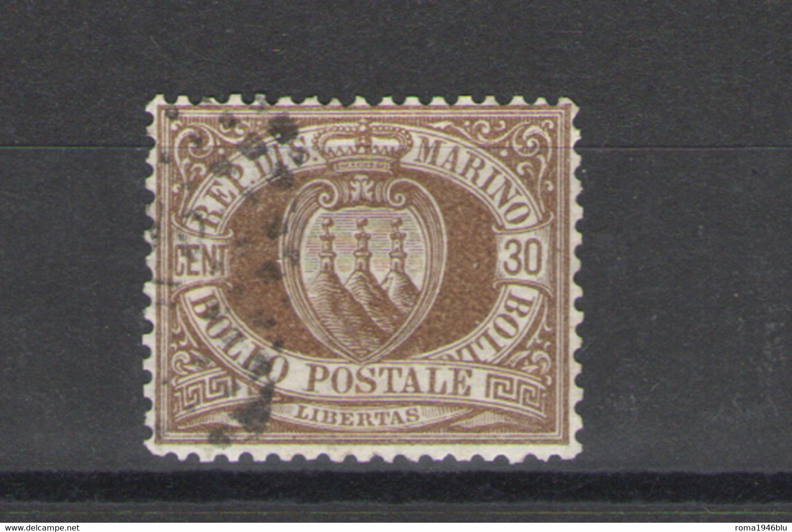 SAN MARINO 1877 CIFRA O STEMMI  SOP.TI 30 CENTESIMI  USATO PERFETTO - Used Stamps