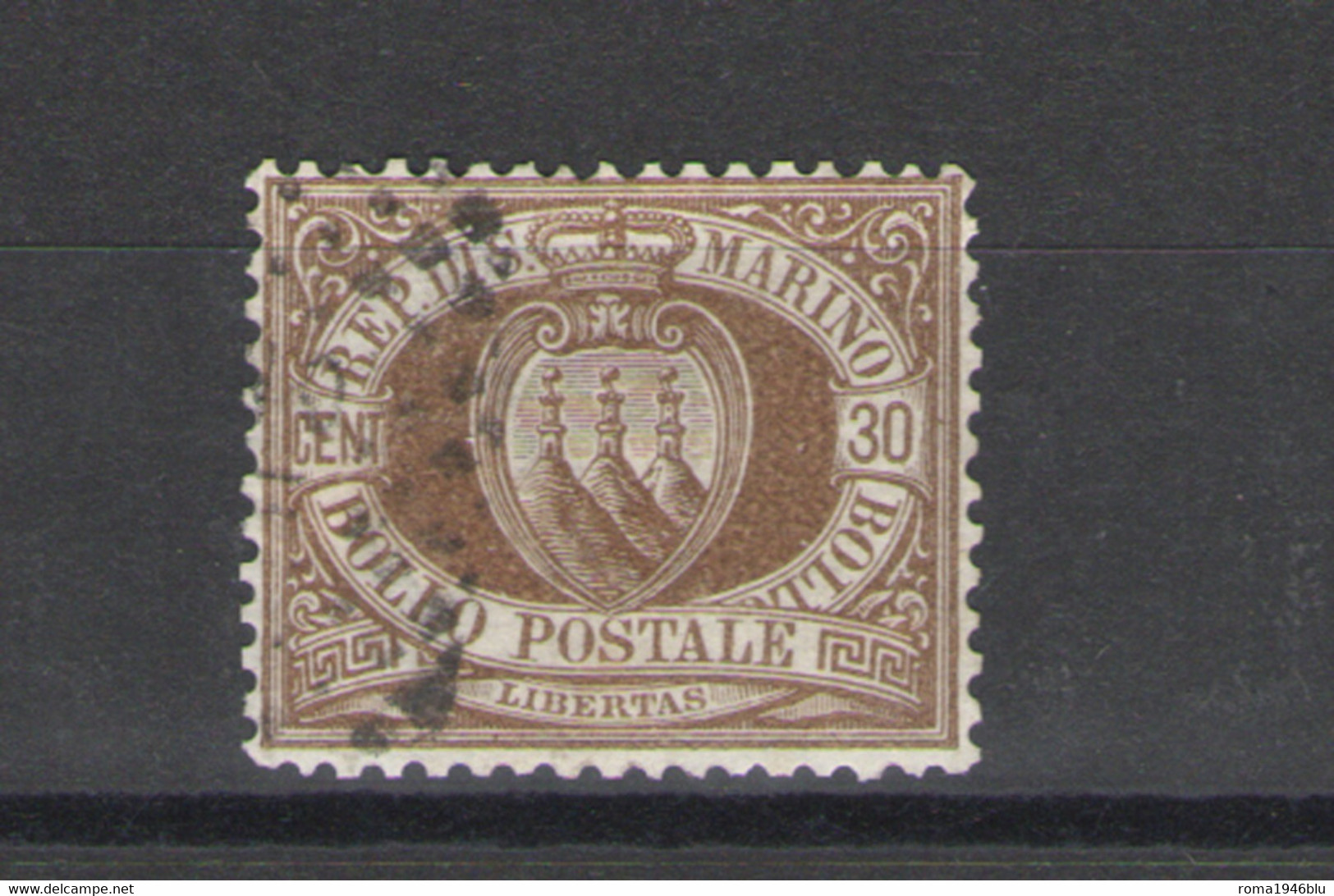 SAN MARINO 1877 CIFRA O STEMMI  SOP.TI 30 CENTESIMI  USATO PERFETTO - Gebraucht