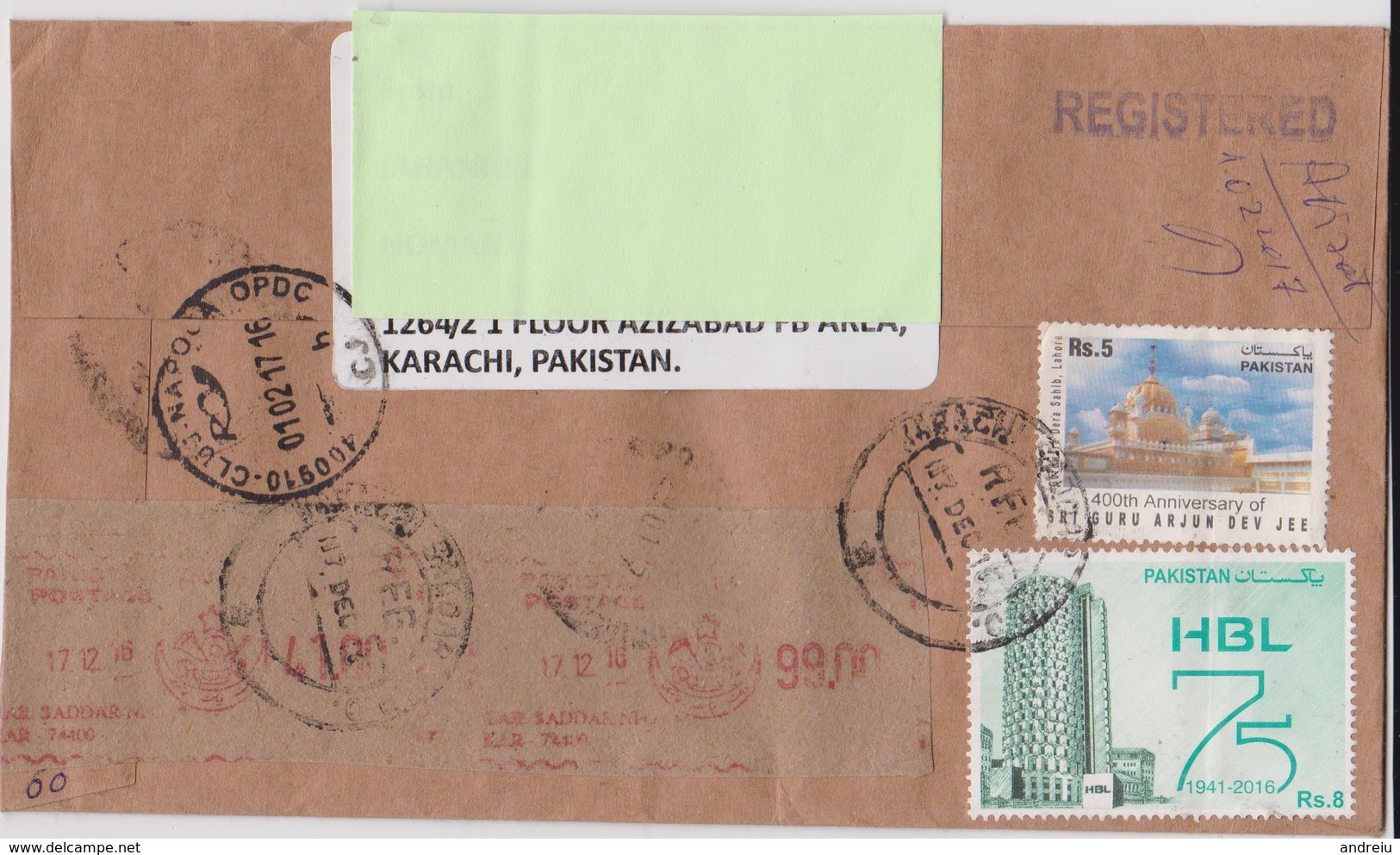 2017 Pakistan - 2 Scans Nice Registered Cover Sent To Romania 7 Stamps Map, Flowers, Buildings, Water - Pakistan