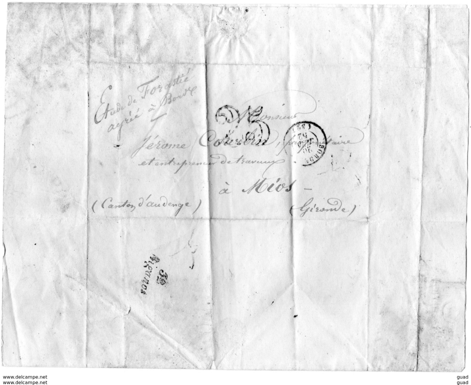 FRANCE MARQUE POSTALE LETTRE ENVELOPPE PLI BORDEAUX BIGANOS MIOS JUIN 1852 LETTRE A JEROME COURBIN - Autres & Non Classés