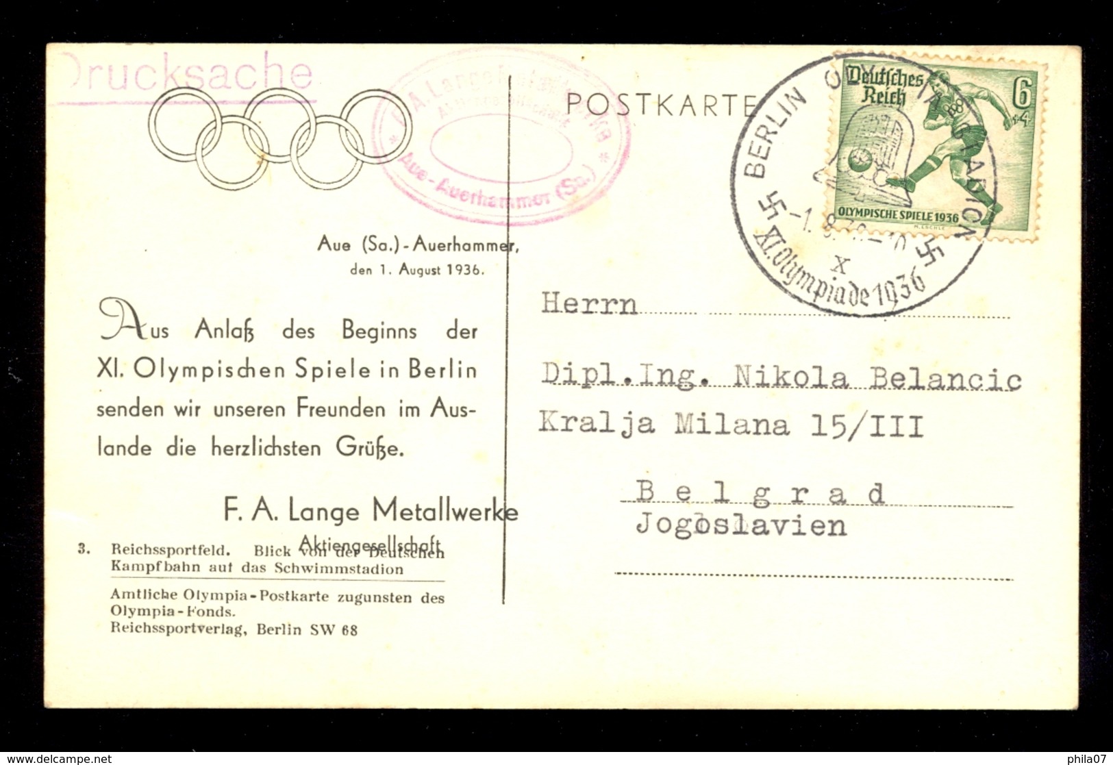 Germany Reich - Olympic Games Berlin, Postcard With Image Of The Swimming Pool With Commemorative Cancel / 2 Scans - Sommer 1936: Berlin