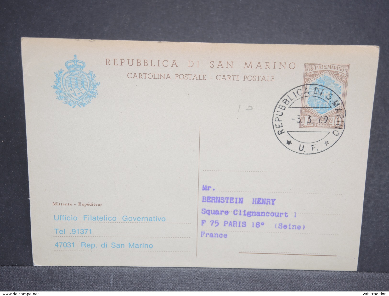 SAINT MARIN - Entier Postal De L 'office Philatélique Gouvernemental En 1969 Pour Paris - L 6484 - Entiers Postaux
