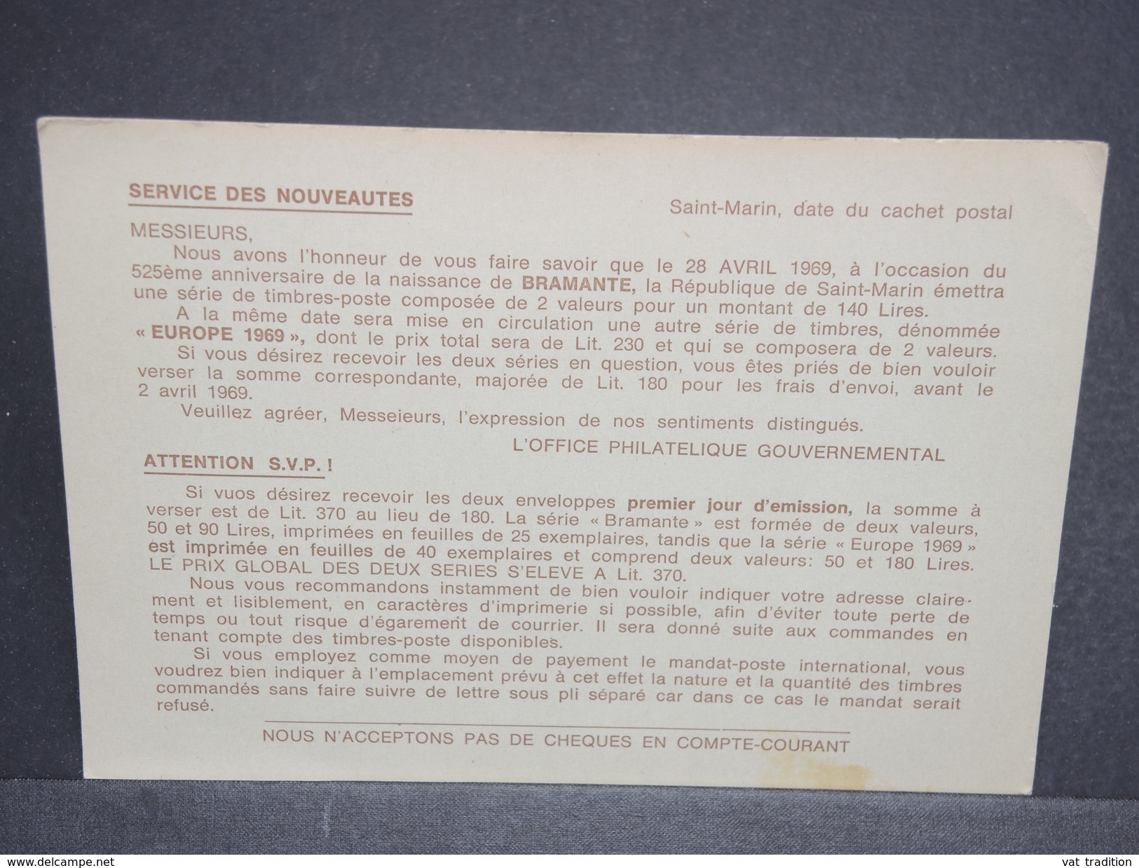 SAINT MARIN - Entier Postal De L 'office Philatélique Gouvernemental En 1969 Pour Paris - L 6484 - Entiers Postaux