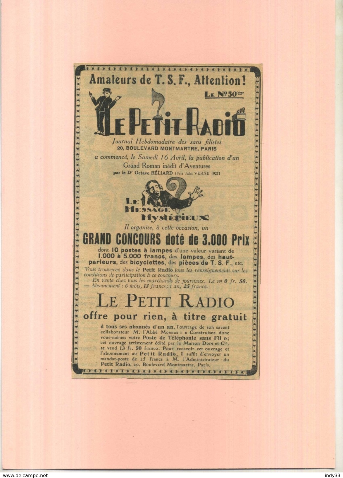 FRANCE 75 . LE PETIT RADIO . PUB  DES ANNEES 1920 . DECOUPEE ET COLLEE SUR PAPIER . - Autres & Non Classés