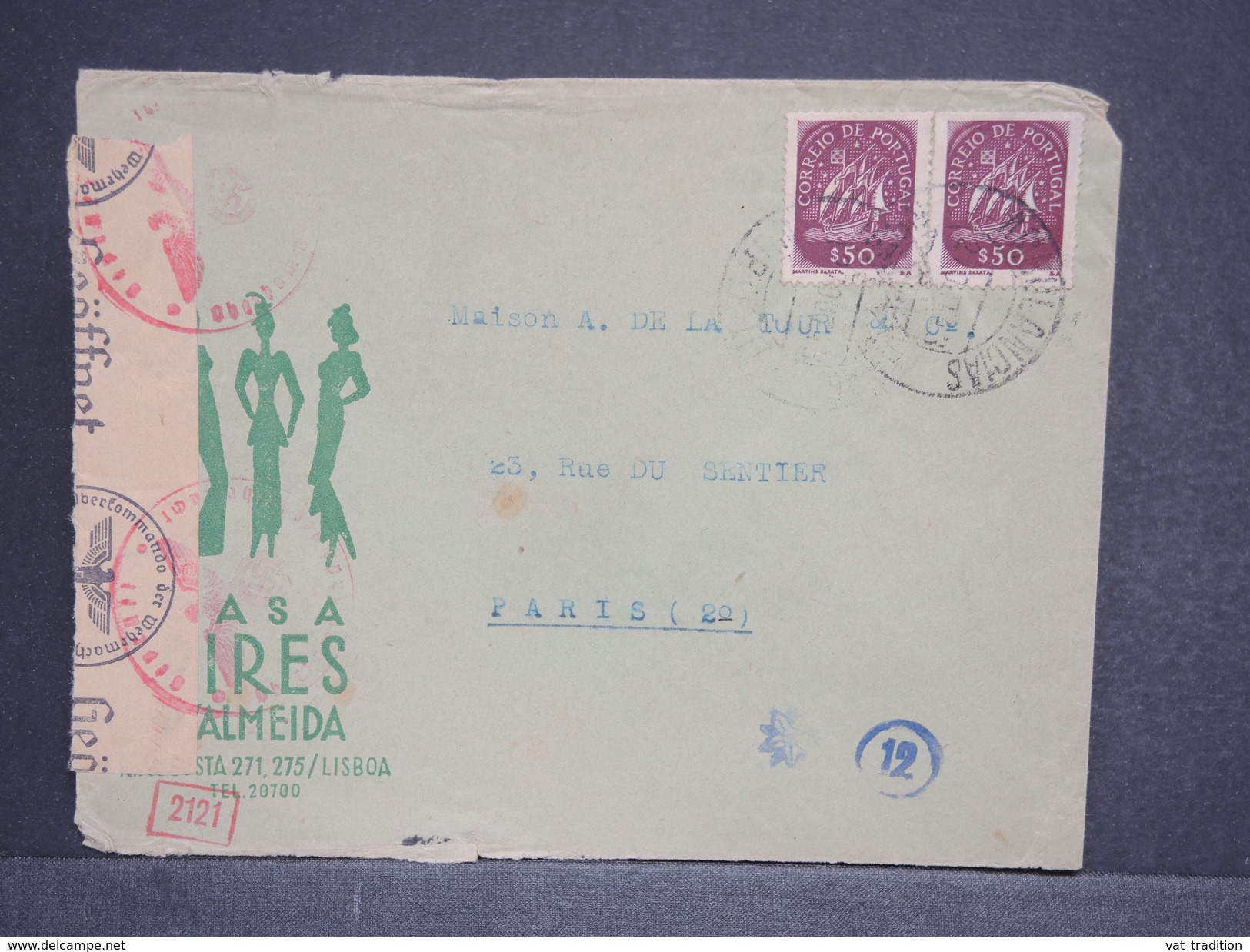 PORTUGAL - Env. Commerciale De Lisbonne Pour Paris En 1943 , Contrôle Postal Allemand , - L 6497 - Lettres & Documents