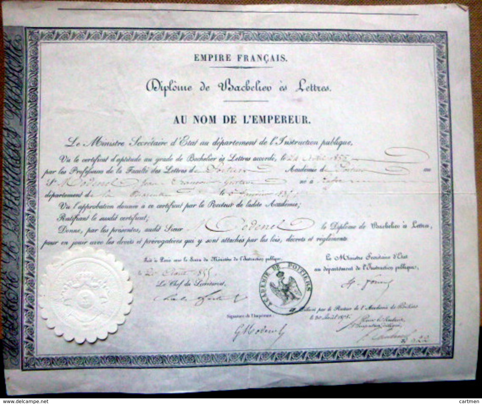 DIPLOME DE BACHELIER ES LETTRES SECOND EMPIRE  86 POITIERS  ANNEE 1855 CACHET EN PAPIER GAUFRE - Diplômes & Bulletins Scolaires