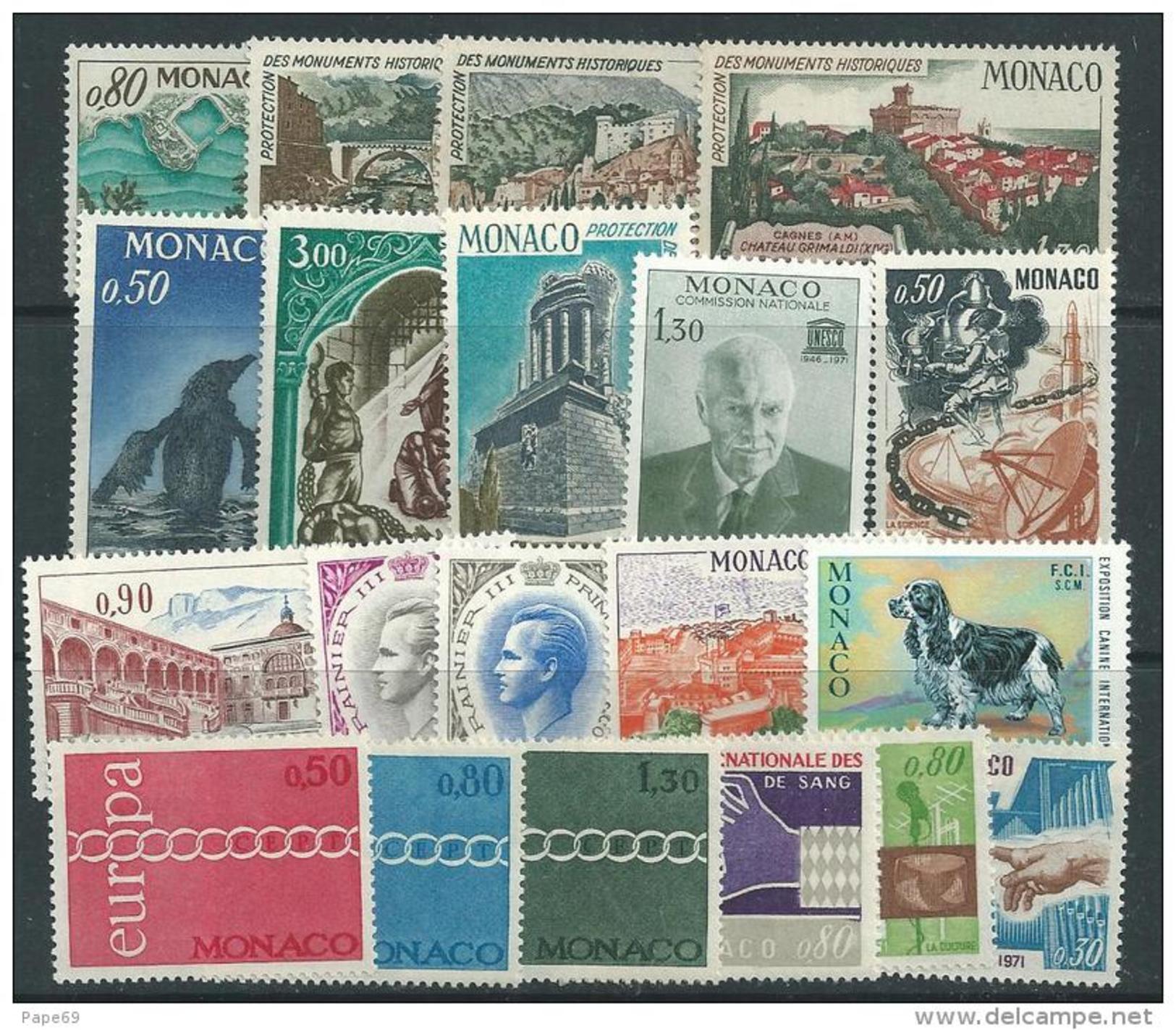 Monaco Année Complète Timbres Poste  1971 Du N° 847 Au N° 866 XX, Les  20 Valeurs Sans Charnière TB - Full Years