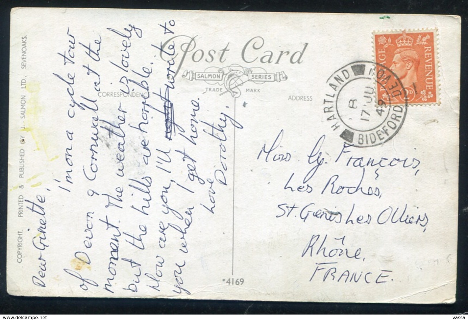 Clovelly . Down A Long -  Postmark HARTLAND 1949 On Stamp - Donkey. âne - Clovelly