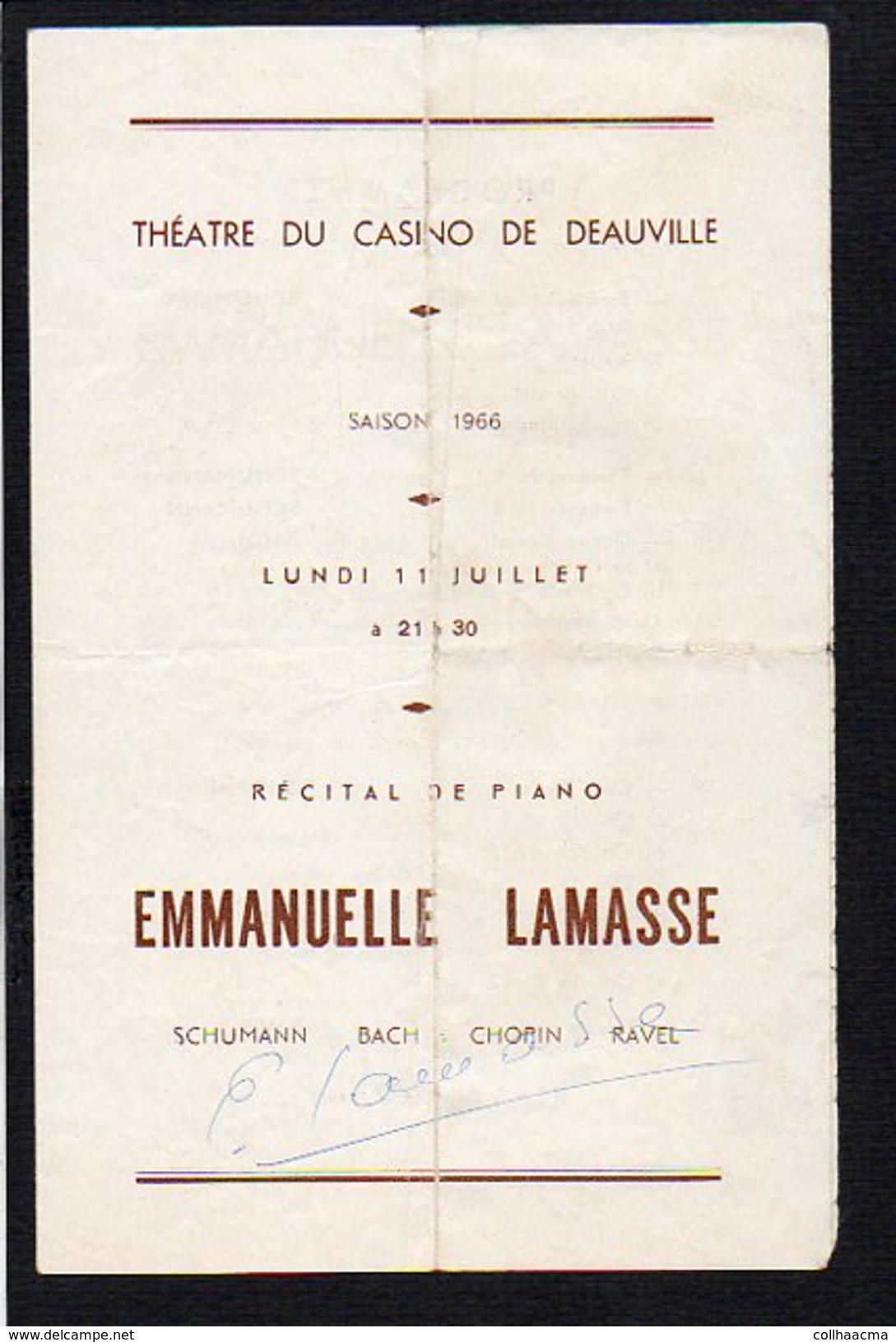 Programme 1966 "Théatre Du Casino De Deauville" Autographe D'Emmanuelle Lamasse Récital De Piano - Programmes