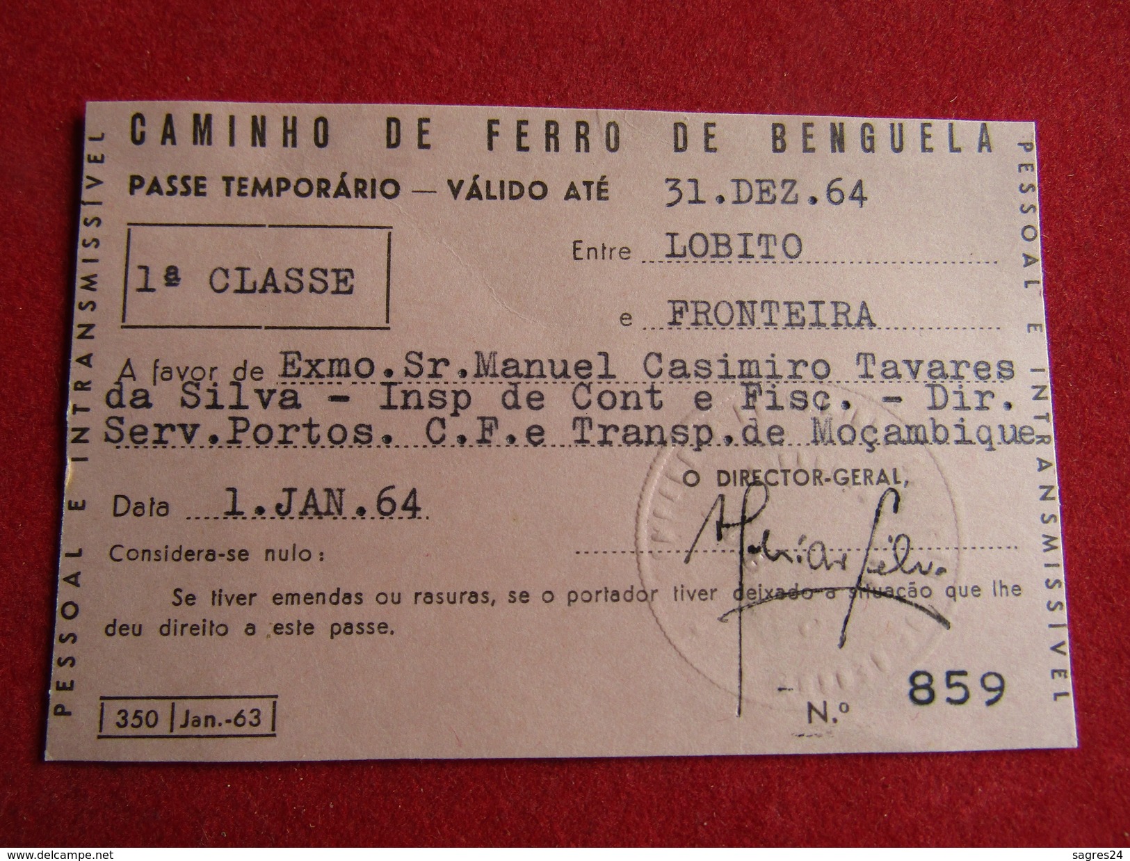 Angola - Caminho De Ferro De Benguela - Passe Anual 1ª Classe Entre Lobito E Fronteira 1964 - Welt