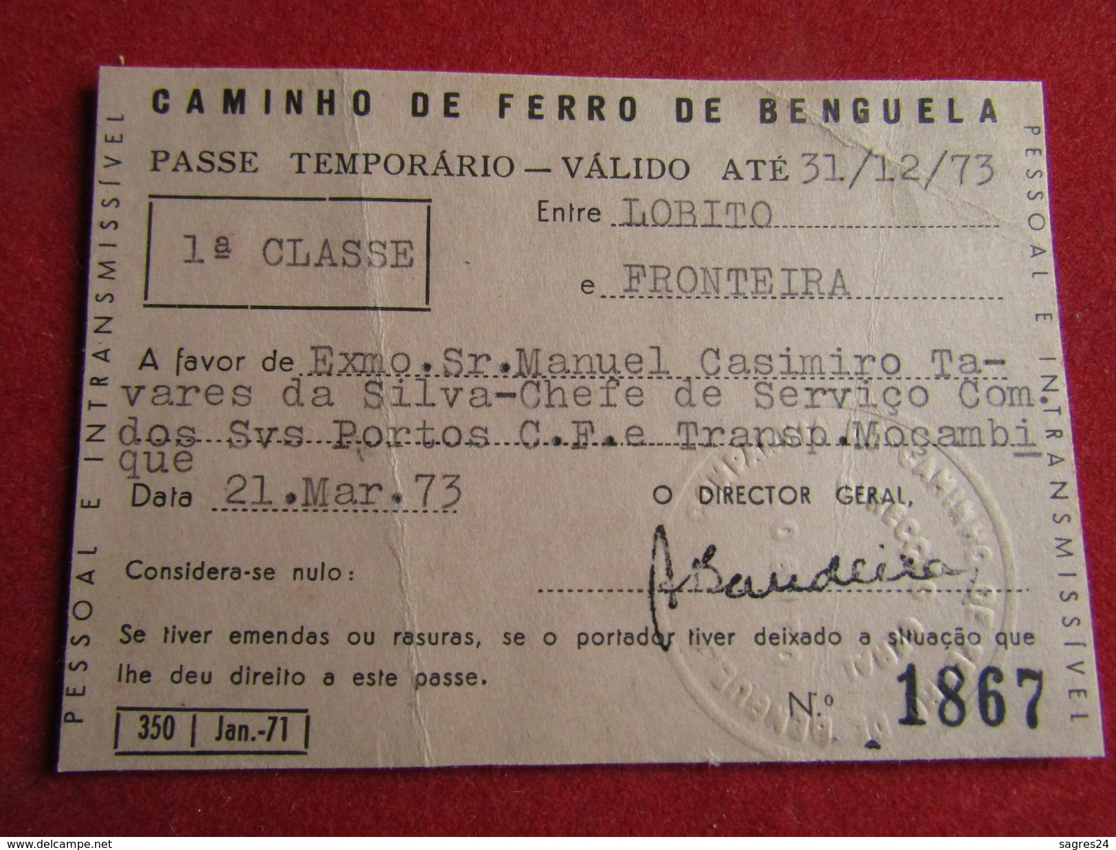 Angola - Caminho De Ferro De Benguela - Passe Anual 1ª Classe Entre Lobito E Fronteira 1973 - Wereld