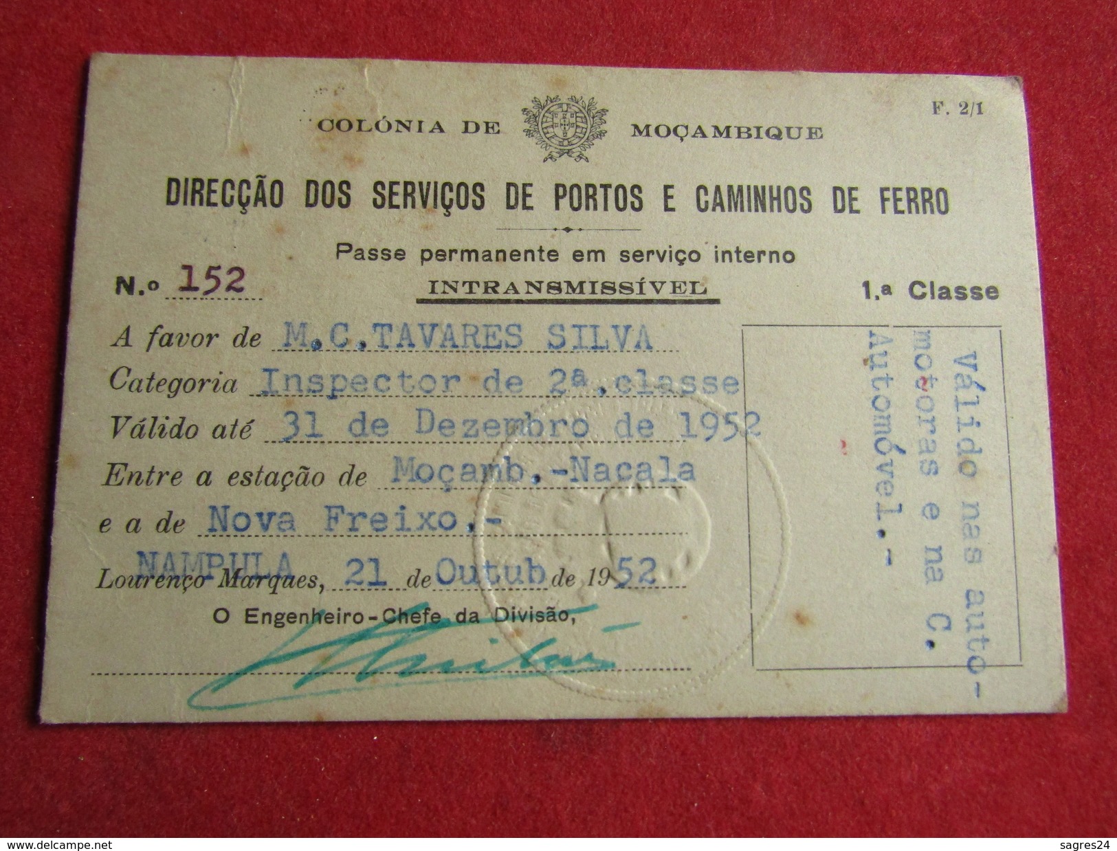 Mozambique - Moçambique - Dir. Dos Ser. De P. E Caminhos De Ferro - Passe Permanente Em Serviço Interno 1ª Classe 1952 - Mondo