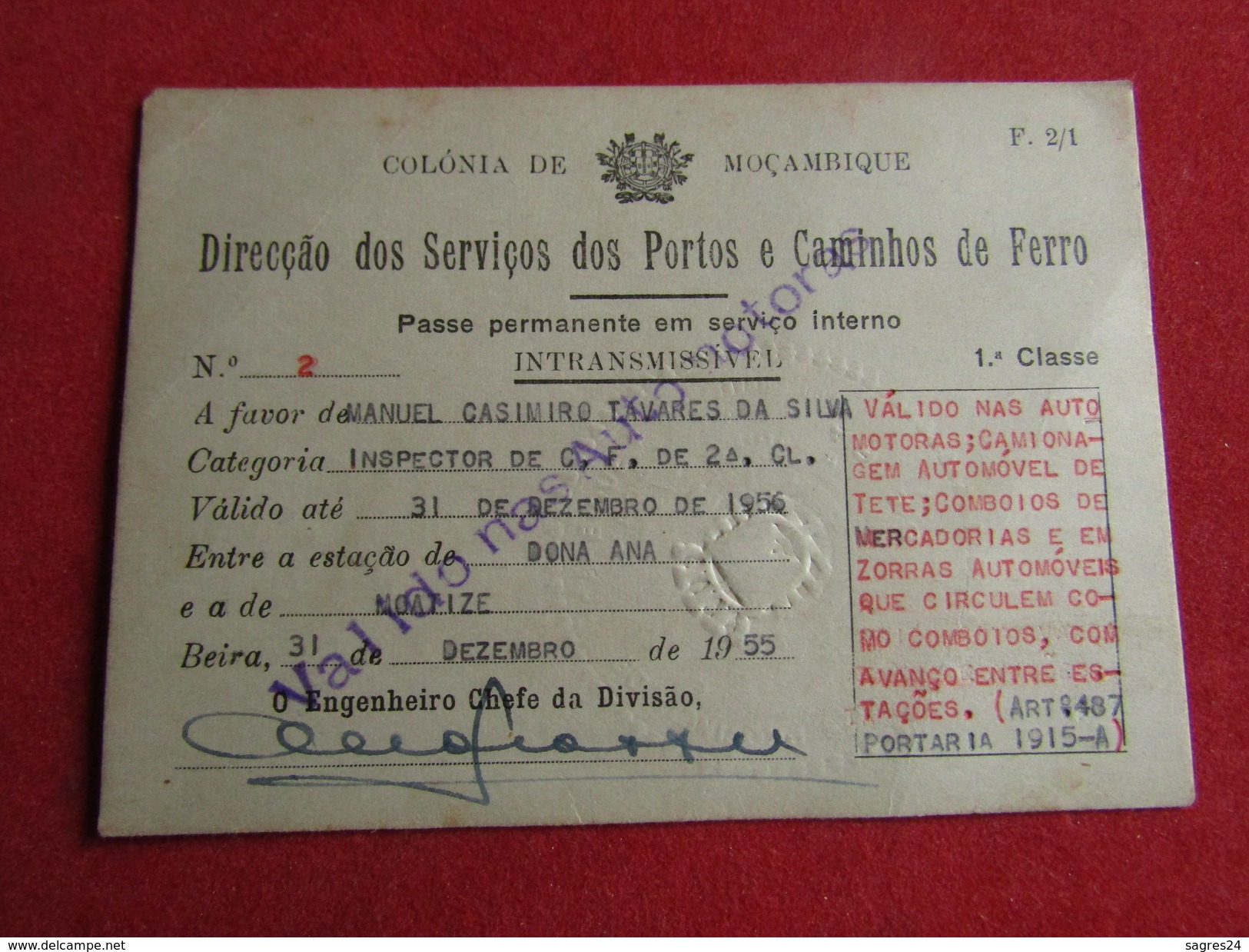 Mozambique - Moçambique - Dir. Dos Ser. De P. E Caminhos De Ferro - Passe Permanente Em Serviço Interno 1ª Classe 1956 - Monde