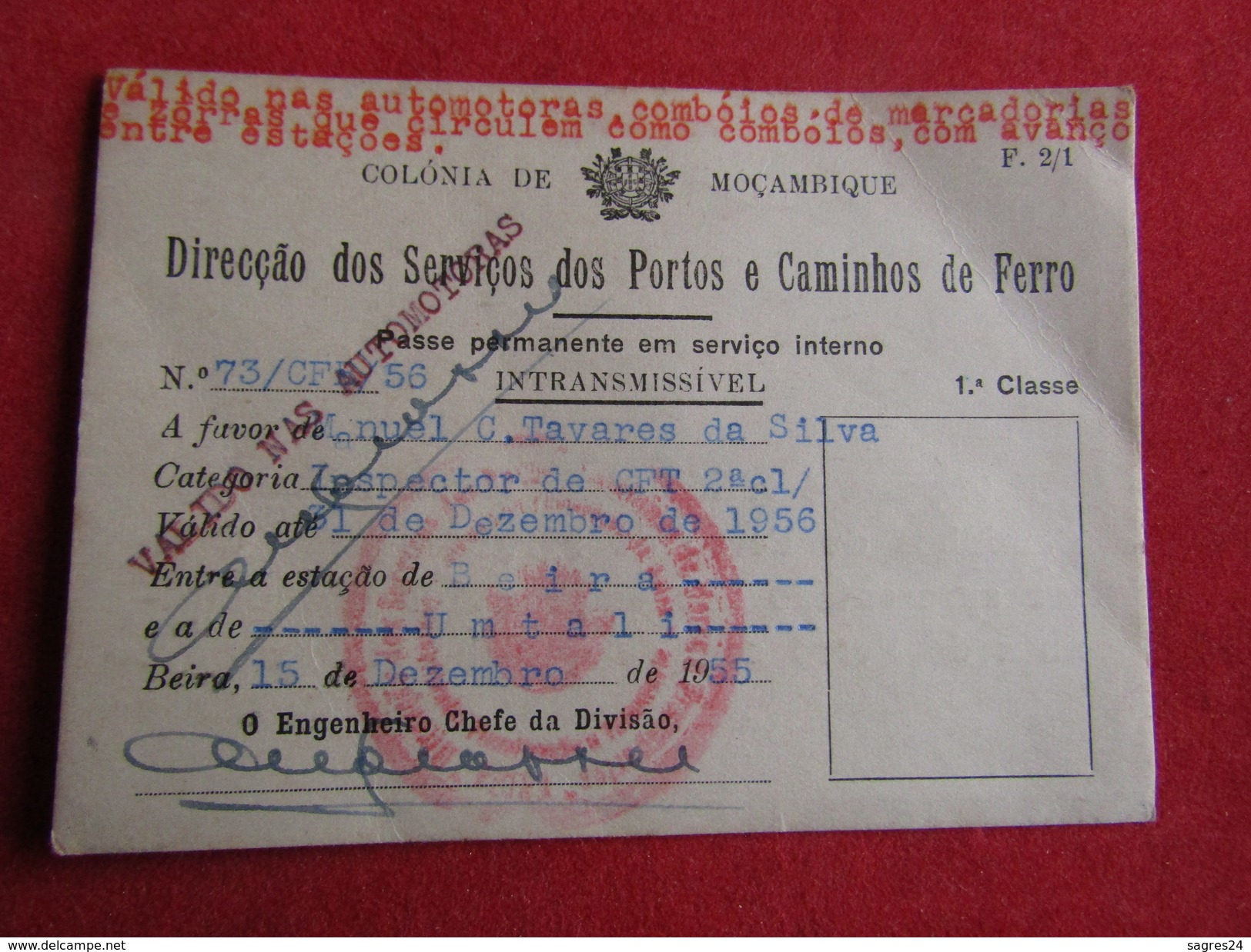 Mozambique - Moçambique - Dir. Dos Ser. De P. E Caminhos De Ferro - Passe Permanente Em Serviço Interno 1ª Classe 1956 - Wereld